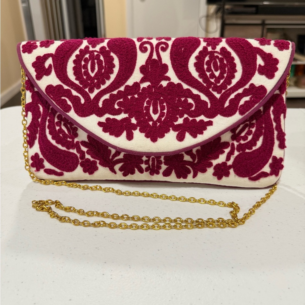 Textured Floral Embroidered Clutch in Berry and Cream